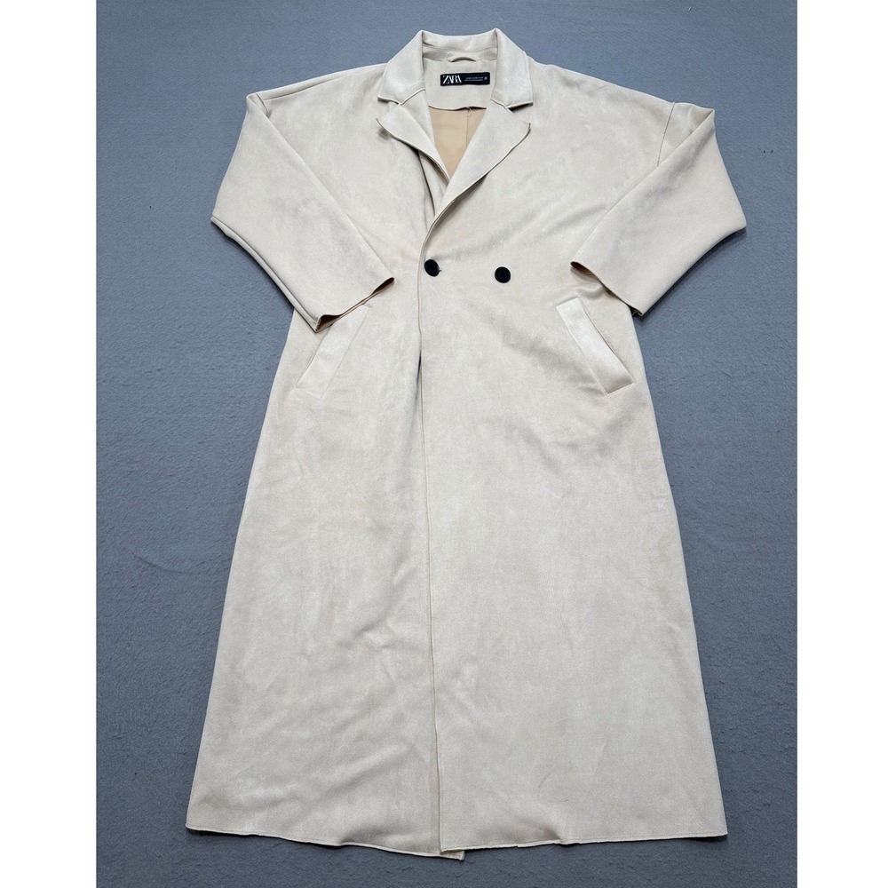 Zara Trench Coat Womens XS Beige Double Breasted Faux Suede Longline Belted Chic - Picture 1 of 8